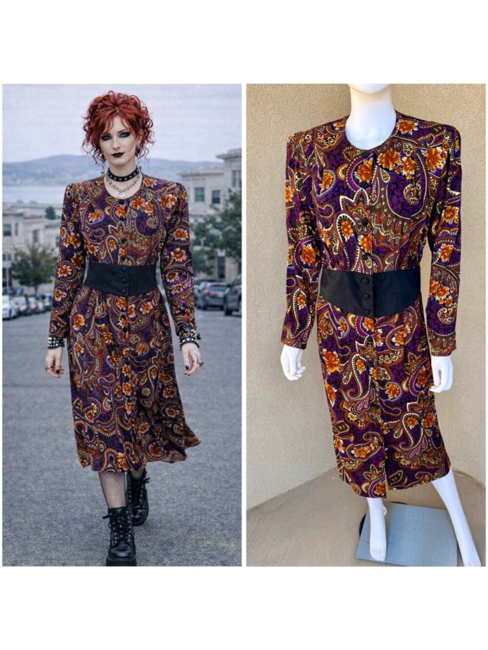 Vintage 80s Paisley Power Shoulder Midi Dress